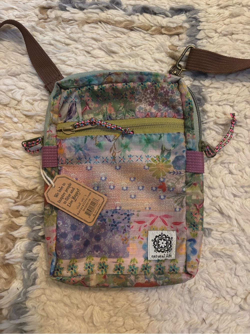 NATURAL LIFE Patchwork Floral Crossbody Bag in Pastel Greens & Purples